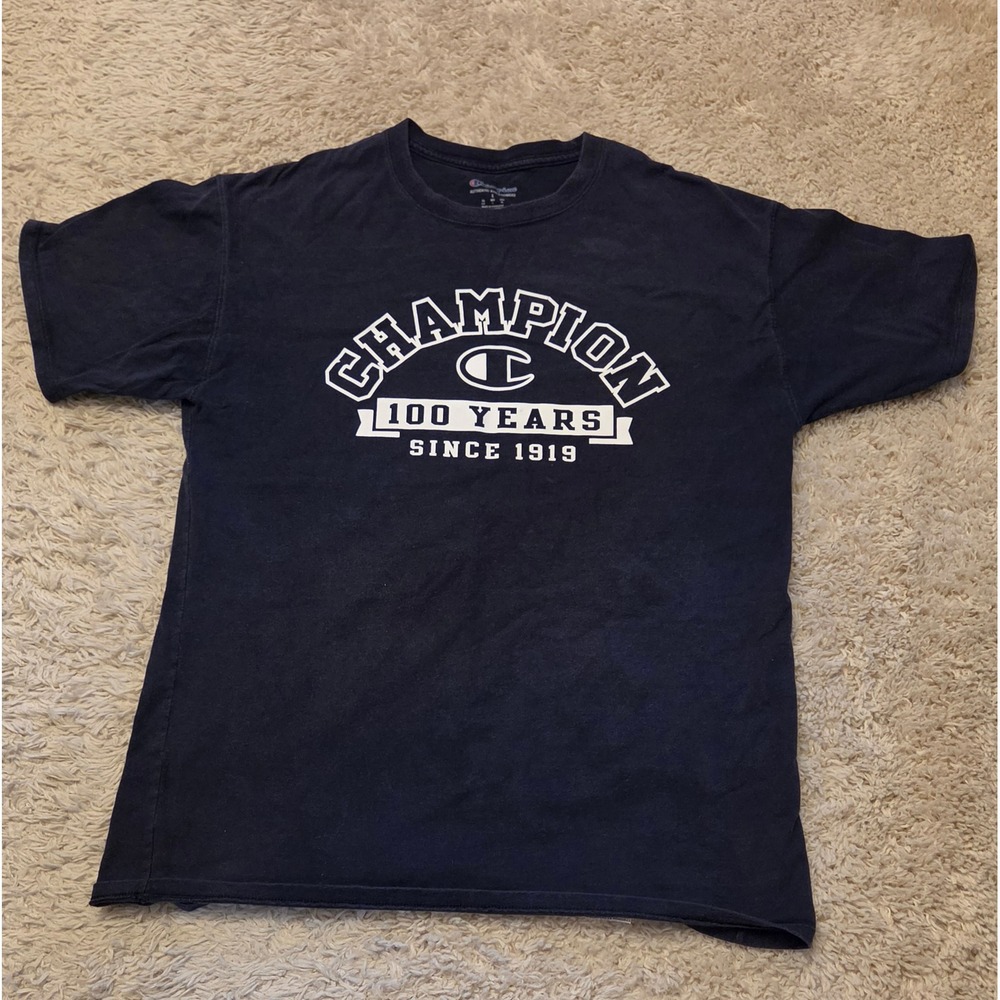 Champion 100 Year Anniversary Spell Out‎ Graphic T-Shirt Men's Size Large Blue